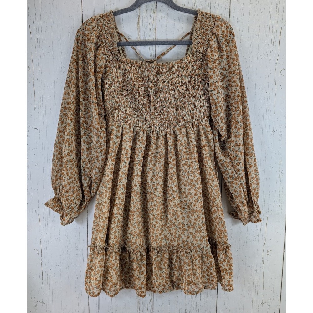Endless Blu Size Medium Multicolor Floral Print Long‎ Sleeve Peasant Dress